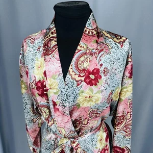 Vintage Delicates Satin Robe Womens Large Pink Floral Paisley Lounge Belted 90s - Picture 1 of 19