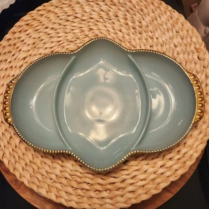 Vintage Fire King blau geteilt Servierschale mit Gold Perlen Trim 11" L x 8" B - Bild 1 von 5