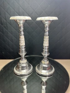(2) Vintage Tall Candlestick Candle Holder With Mother Of Pearl Inlay 12” India - Picture 1 of 13