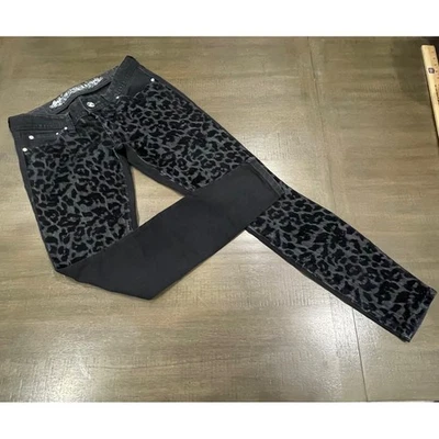 Express Zelda Jean SM Legging Slim Fit Ultra Low Rise Black Leopard Print Jeans - Image 1 of 4