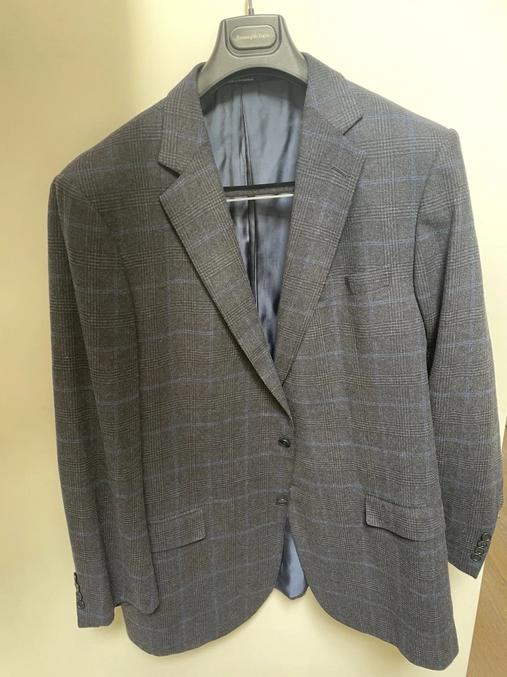 Blazer masculino Zegna DUO lã cashmere xadrez azul jaqueta esportiva tamanho 60L/50L - Imagem 1 de 4