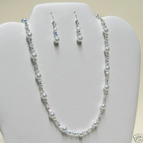 Sterlingsilber ~ mit Swarovski Kristall Perlen Braut Halskette Ohrringe Set - Bild 1 von 1