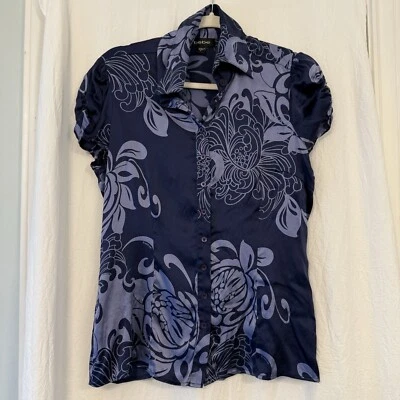 Blusa Bebe Top Vintage Años 90 Y2K Botón Seda Cuello Azul Floral Para Mujer Grande Foto 1 de 4