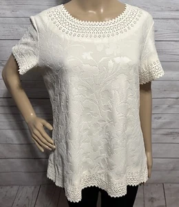 Blair Shirt Medium Ivory Beige Textured Floral Pattern Unique Cut Out Trim Top - Picture 1 of 12