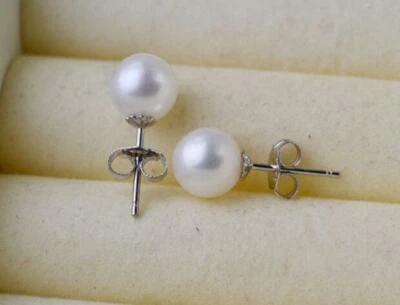 Pendientes de perlas redondas blancas Akoya 5-6MM AAA+ PERFECTOS cultivados ORO BLANCO 14K Foto 1 de 4