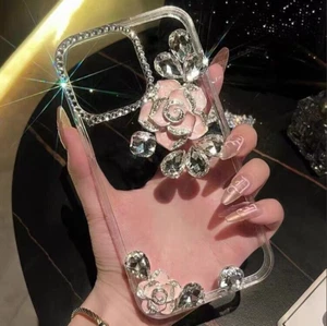 For iPhone Samsung Glitter Diamond Camellia Flower Case Luxury Bling Phone Cover - Picture 1 of 12