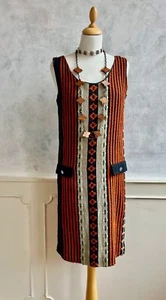 Vintage 1960's Orange Black Beige Wool Cotton Woven Knit Boho Tunic Dress 10 - Picture 1 of 11