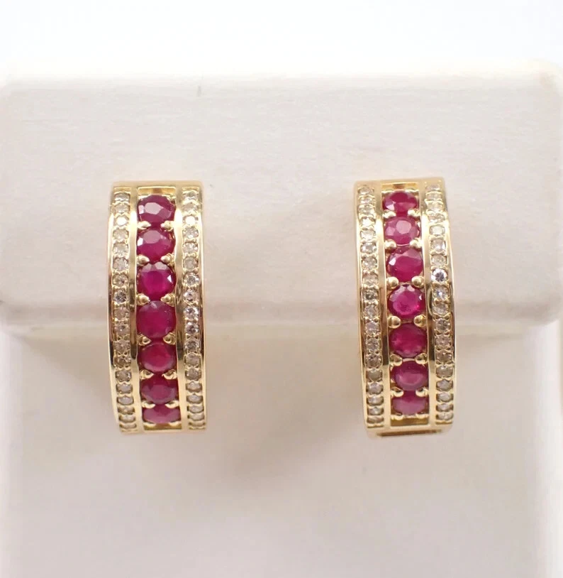 1Ct Round Cut Natural Red Ruby Women Huggie Hoop Earrings 14K Yellow Gold Plated - Image 1 of 4