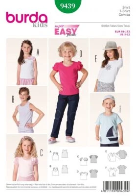 BURDA KIDS 9439 UNISEX T SHIRT TOPS Sewing Pattern Ages 3- 12y Skill: SUPER EASY - Image 1 of 4