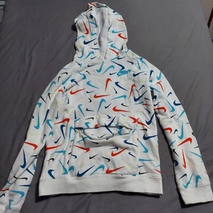 Nike HOODIE SWEATSHIRT Unisex Kids Large All Over Logo Print Pullover Pockets - Picture 1 of 8