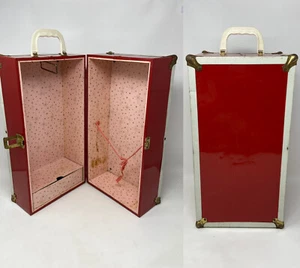 Vintage Doll Clothes Trunk Case Red Metal With Drawer PINK Gold Stars Interior - Picture 1 of 12