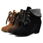 Womens Winter Warm Wedge Heel Boots Lace Up Round Toe Comfort Casual Slim Shoes
