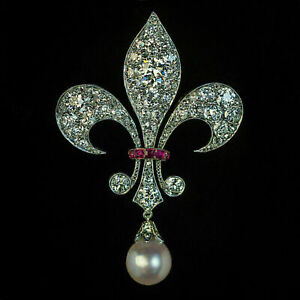 Antique 2Ct Diamond Pearl & Ruby Vintage Elegant Brooch Pin 14k White Gold Over