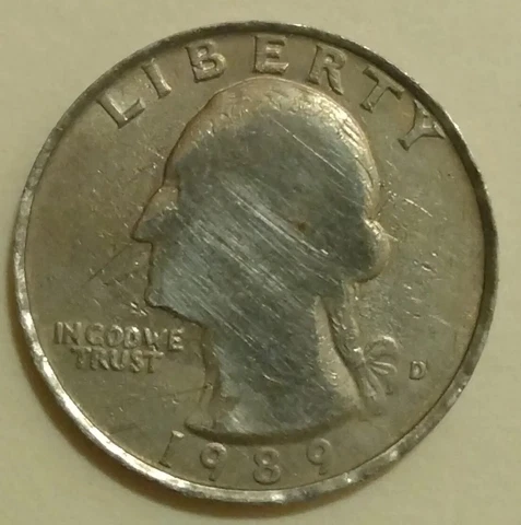 1989 D Quarter error Missing Plating Smooth Edge, Thick Cover