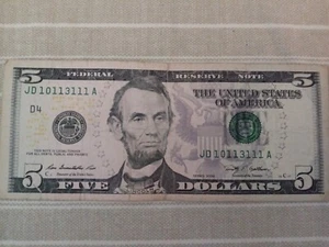 Series 2009 Trinary Fancy Serial $5 Dollar Bill Note Serial # 10113111 A, 6 Ones - Picture 1 of 2