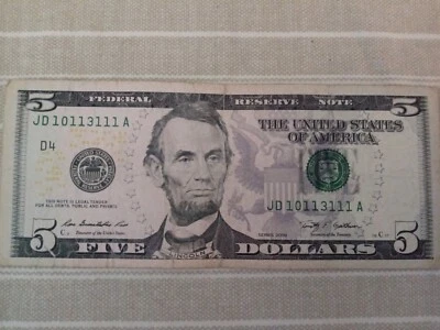 Series 2009 Trinary Fancy Serial $5 Dollar Bill Note Serial # 10113111 A, 6 Ones - Image 1 of 2