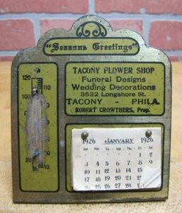 1920s TACONY FLOWER SHOP PHILADELPHIA Funeral Wedding Tin Ad Calendar Therm Sign - Picture 1 of 12