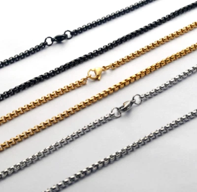 Women Men Black Gold Silver Stainless Steel 2mm Round Box Chain Necklace 12-40" - Image 1 of 4