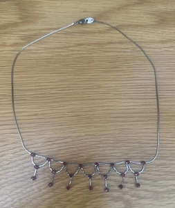 VINTAGE Fringe Red Diamante Stone Necklace Silver Tone Snake Chain Sparkly - Picture 1 of 1