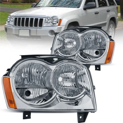 Pair Chrome Front Lamps Headlights Assembly For 2005-2007 Jeep Grand Cherokee - Image 1 of 4