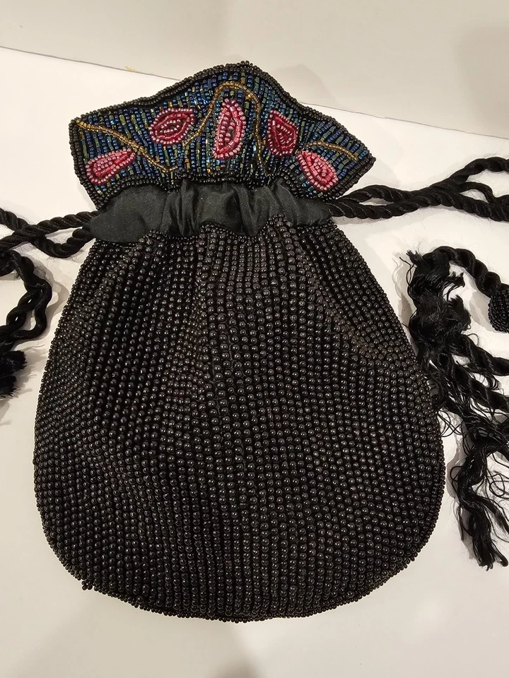 Vintage Andre Cellini Black Seed Beads Drawstring Evening Holiday Purse Reticule - Image 1 of 4