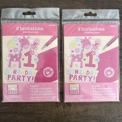 Zoo Animals Girl”s 1st Birthday Party Invitations (16 Total) - NEW! - Image 1 of 4