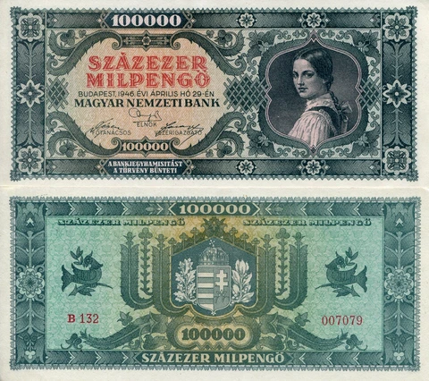 Hungary 1946 inflation Issue 100,000 Milpengo P-127 large, ornate note - Fine! Cover