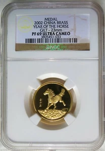 2002 China Gold Gilt Brass Lunar Horse Medal NGC PF 69 Ultra Cameo - Picture 1 of 3