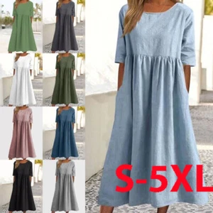 Lady Summer Casual Pullover Midi Kleiderinnen Urlaub Feured Plissee Swing | - Picture 1 of 22