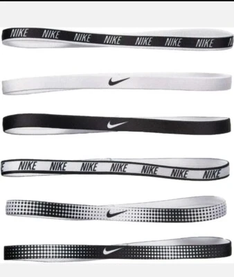 Nike Mujer Agarre Cintas para el Cabello Paquete de 6 Logo Swoosh Deportivas Elásticas Silicona Negro Blanco Foto 1 de 4