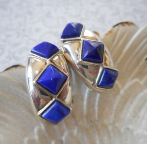 Sterling Silver Lapis Lazuli J Hoop Earrings E32-41 - Picture 1 of 14