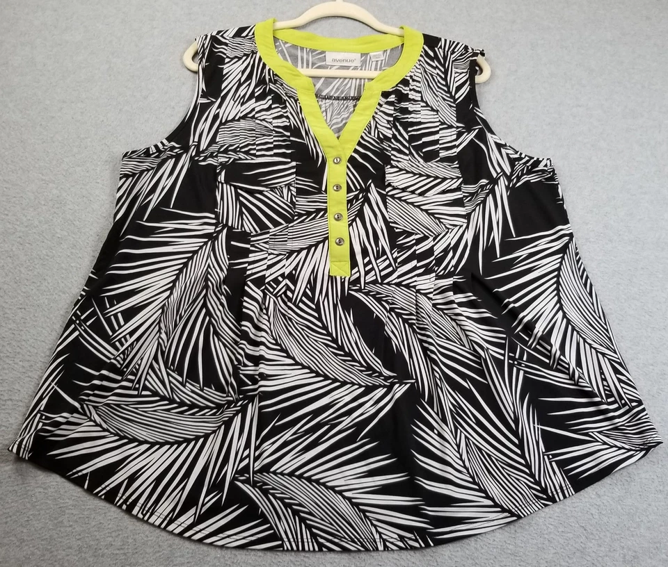 Camiseta sin mangas Avenue para mujer 18 20 negra blanca amarilla hojas de palma elástica primavera Foto 1 de 4