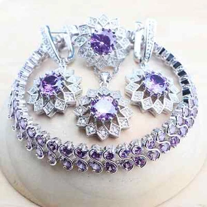 Wedding Jewelry Sets Bracelets Rings Earrings Pendant Purple Cubic Zirconia New - Picture 1 of 17