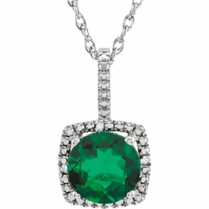 Sterling Silver 7 mm Lab-Grown Emerald & .015 CTW Natural Diamond 18" Necklace - Picture 1 of 2