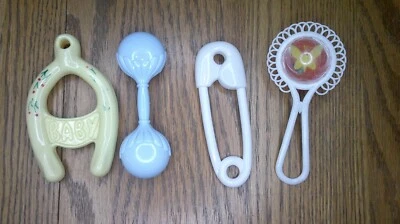 4 plastic baby rattles different shapes sizes sell one lot all good clean   Z113 - Image 1 of 4
