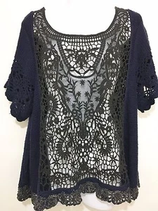 Free People M Navy Blue Black Boho Lacy Cut-Out Pullover Sweater Tunic - Picture 1 of 5