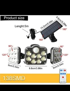 138 LED 3 cabezales Sensor de movimiento solar Luz Exterior Jardín Pared Seguridad Lámpara de inundación - Imagen 1 de 12