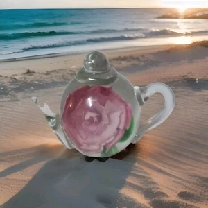 Dynasty Gallery Erbstück Sammlerstücke Glas Teekanne Briefbeschwerer Rosa Rose Design - Bild 1 von 5