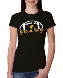 Fan Of City of Green Bay Football Yellow Heart Script Writing Women Slim Fit Tee - Picture 1 of 3
