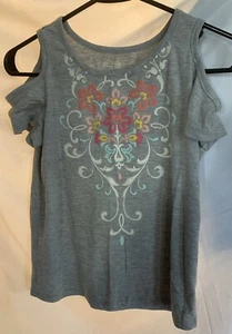 Mudd Mädchen Größe 10 grau Cold Shoulder T-Shirt mit bestickten Blumen Shirt - Bild 1 von 6