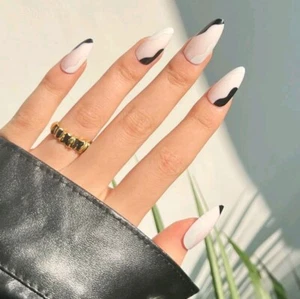 24 pc Press On Nails Long Almond Fashion False Fake White Black Design Natural - Picture 1 of 5