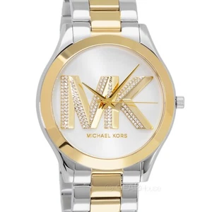 Michael Kors Slim Runway Glitz Crystals Watch MK Logo Dial Two-Tone Gold Silver - Picture 1 of 9