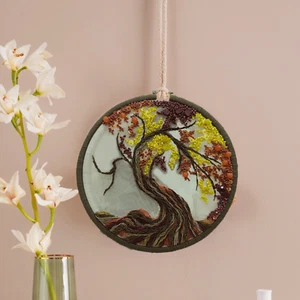 Handmade 2D & 3D Embellished Tree Art – 10x10 Inch Beaded Nature Tree Art - Picture 1 of 14