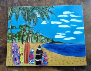 Ceramic Coated Textural Beach Scene Wall Picture Surfboards Cocnut Trees - Picture 1 of 10
