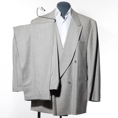 50T Tall Double-Breasted Vtg 90s Gray Cashmere/Wool 2-Piece Suit 46x35.5 Trouser - Image 1 of 4