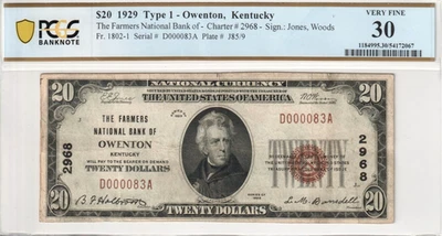 1929 $20 Farmers National Bank of Owenton Kentucky FR#1802-1 D000083A PCGS VF30 - Image 1 of 4