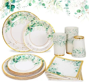 QIFU Set di tazze e tovaglioli piatti di carta verde salvia - Servire 24, - Foto 1 di 13
