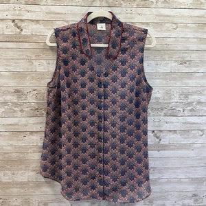 Camicetta CABI donna L #3620 blu rossa marocchina stampa ventaglio senza maniche con bottoni - Foto 1 di 7