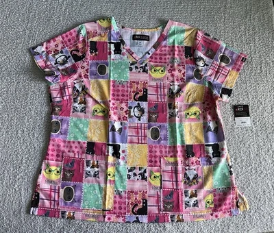 Koi Artists Scrub Top Women’s Sz 2X Pink Sour Puss Planet Cat Nursing Medical - Image 1 of 4