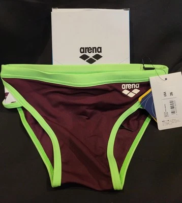 NWT Arena Mens Size 26 Brief, Burgundy and Neon Green - Image 1 of 2